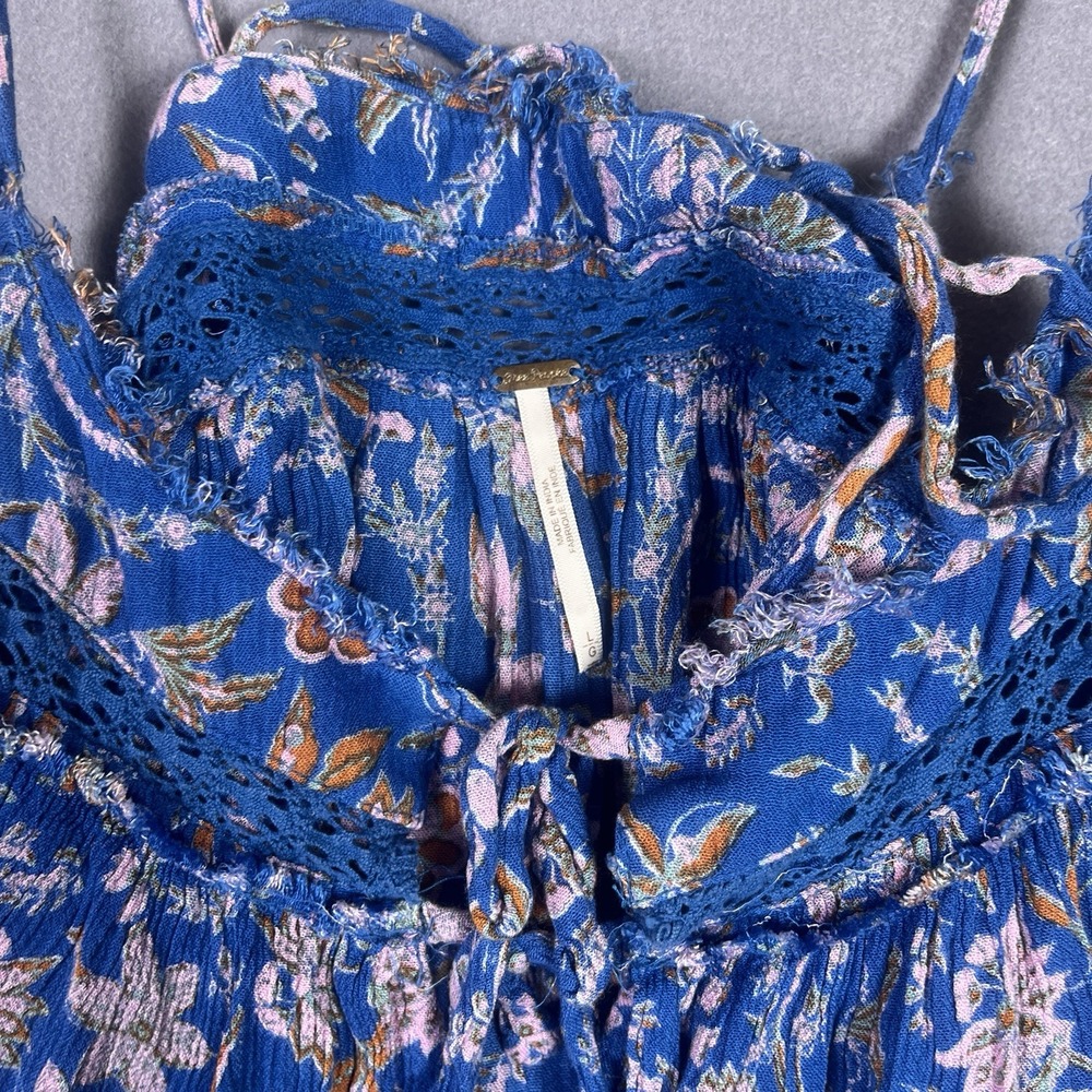 Free People Mini Dress Women L Blue Floral Sleeveless Tiered Boho Ruffle - Picture 3 of 6
